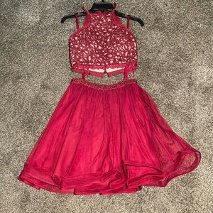 Red lace two piece set dress